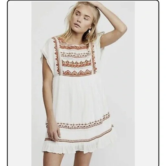 Free People Sunrise Wanderer boho mini dress white XS S - Picture 2 of 7